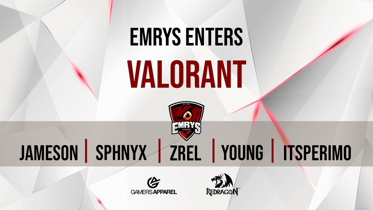 EmrysEsports's tweet photo. Please welcome our Valorant squad to the Emrys family.
@itsperimo 
@jamesonvalorant 
@YoungVal0 
@SphynxVal 
@Zrel190

#WeAreEmrys #VALORANT https://t.co/DmC6SFyUH0