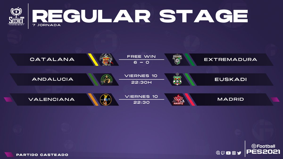 #SecretPES #PES2021 

¡La jornada 7 ya está en marcha!
¡Comienza la última jornada del torneo de comunidades de Efootball PES 2021 con retransmisión oficial del 
@SelCValenciana 🆚 <a href="/madriz10vs10pes/">Selección De Madriz Efootball Pes21</a>!

🆚 | <a href="/Andalucia10vs10/">Pes - Selección Andaluza 10vs10</a> - <a href="/EuskalPes/">Euskal Selekzioa PES</a> 

 📺 | twitch.tv/secrettourname…