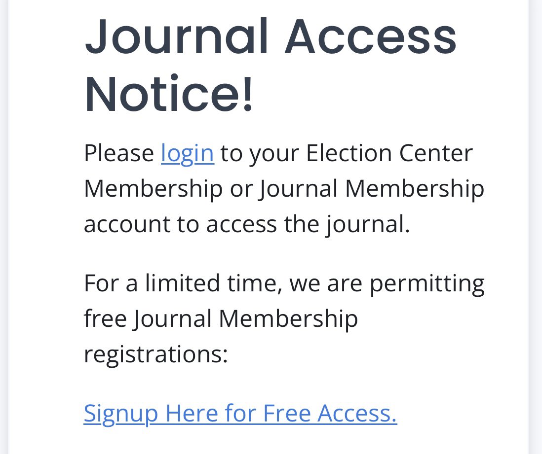 You’ll need to login to access Volume 1 Issue 1. But for a limited time you can do so for ✨ free ✨ here: electioncenter.org/journal-member…