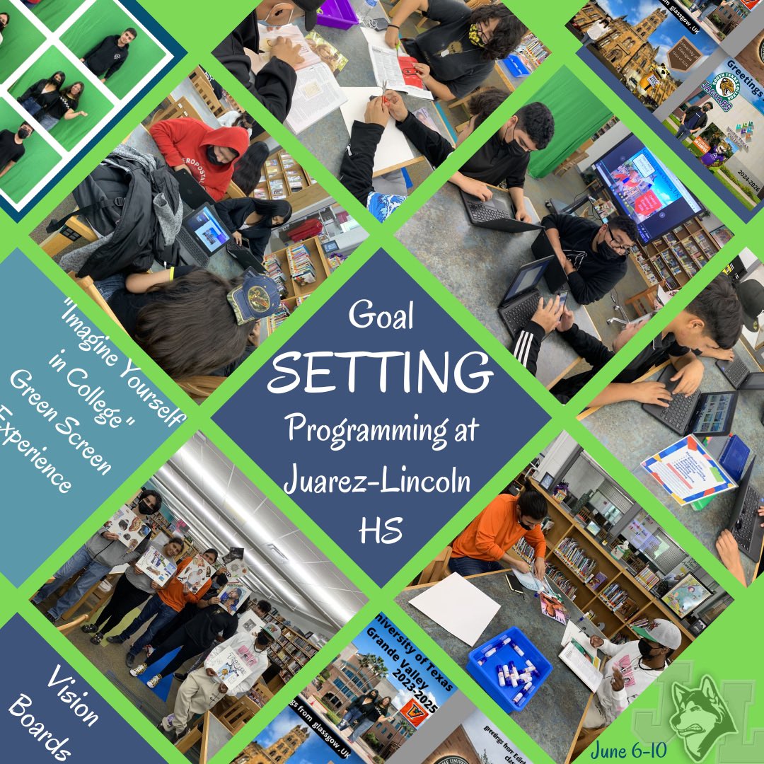 MrsGandaria's tweet photo. This week’s library theme was goal setting! Students created vision boards and used #canva to visualize themselves at the university of their dreams! 🎓 @JuarezLincolnHS #summerlibraryfun #jlhsreads #lajoyaisdlovestoread https://t.co/38ThQafKGM