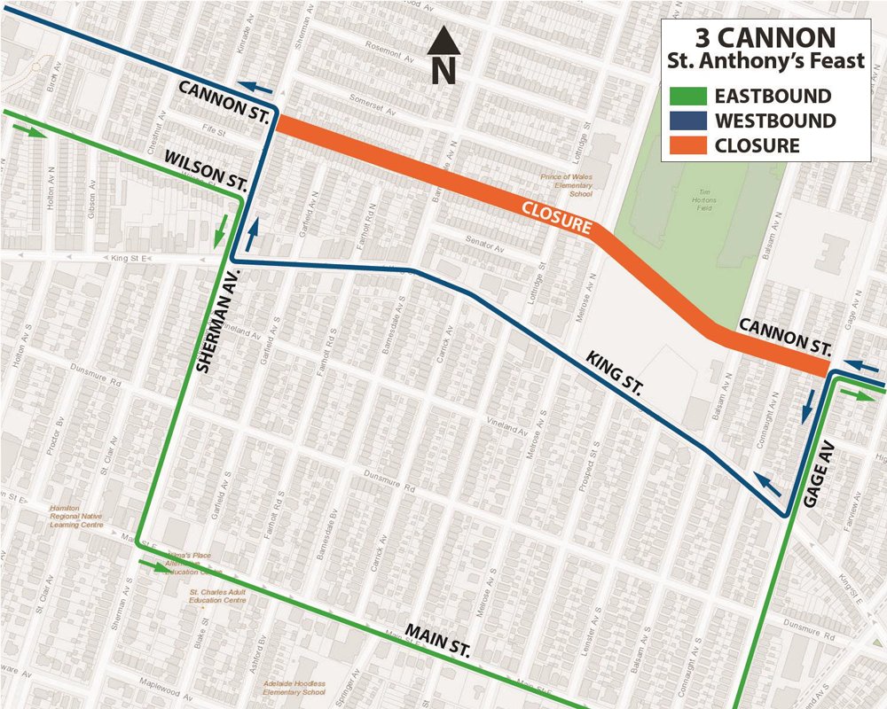 hsr's tweet photo. #HSRAlert: #HSR3 #HSR2 on detour June 12th from 12:30 pm until 2:30 pm on Barton Street from Gage Avenue to Sherman Avenue for St. Anthony's Feast. Details https://t.co/yt517j7L4t https://t.co/GK7KWTGxBK