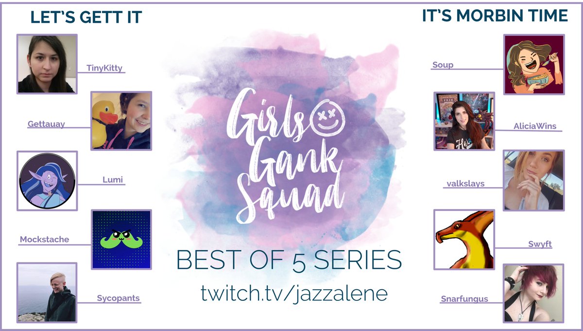 #GirlsGankSquad returns tonight at 6 PM PT with @SlugHunt3r joining to me co-cast!

Let's Gett It
@DestnyBlackmoon 
<a href="/gettauay/">Gettauay</a> 
<a href="/LumiRainTwitch/">LumiRain</a> 
<a href="/Mockstache/">Mockstache 🏳️‍🌈 | Space Plant VTuber 🏜☄👾</a> 
<a href="/SycopantsTV/">Sycopants ✌</a> 

It's Morbin Time
<a href="/SoupStalk/">Soup</a> 
<a href="/AliciaWinsTV/">AliciaWins</a> 
<a href="/valkhots/">VALK🪐</a> 
Swyft
<a href="/snarfungus/">Snarfungus (She/They)</a>