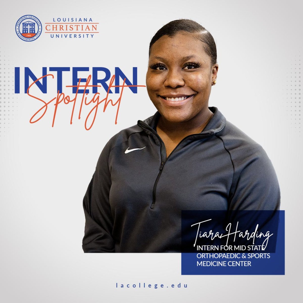LC_University's tweet photo. #INTERNSPOTLIGHT Tiara was given the opportunity to intern with Mid State State Orthopaedic & Sports Medicine Center this past semester. We are thankful for the opportunity for her! #IAmCalled #PreparingGraduates #TransformingLives #ELI https://t.co/Rua8PGmGrO