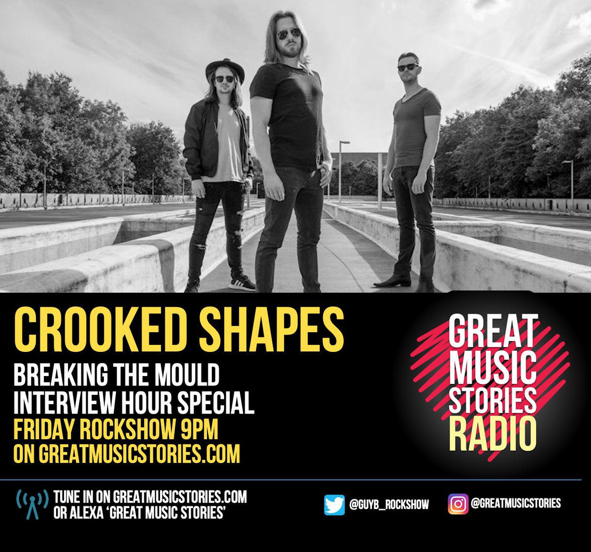 CROOKED SHAPES 
Up next, around 9.15pm an hour with <a href="/crookedshapes/">Crooked Shapes</a> on their journey to break from the classic pack and forge their own modern, original music identity. Brave stuff. Up next on greatmusicstories.com / Alexa ‘great music stories’.