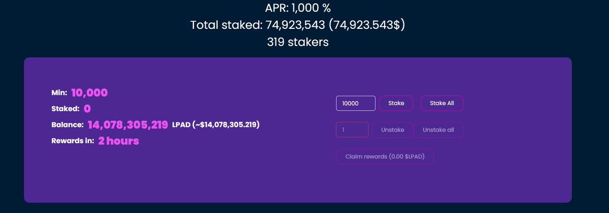 A very useful new feature is that you can stake all your LPADs!🚀
Some bugs have also been fixed👀⚡️ 

We continue to develop for you, new features will be available soon ♥️

You can try your chance to win 10k $LPAD
➡️RT + Follow
➡️Drop your Herotag or Address 

#Elrond #Cryptos