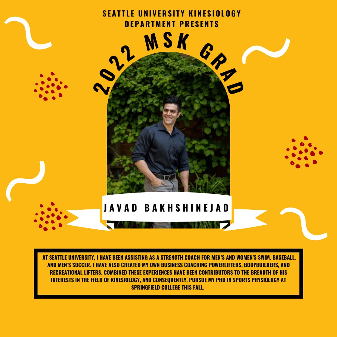 SeattleuKines's tweet photo. Our last graduate for the MSK class of 2022 is Javad Bakhshinejad. 

Check out where Javad is headed next. Congrats 🎉 #sugrad22  @seattleu https://t.co/BshyrXjr70