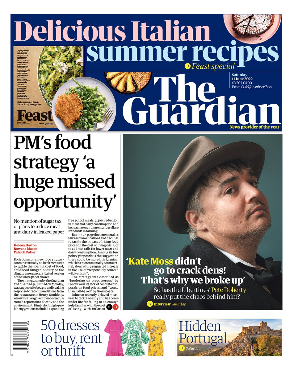 Guardian front page, Saturday 11 June 2022: PM's food strategy 'a huge  missed opportunity', image size:965x1200