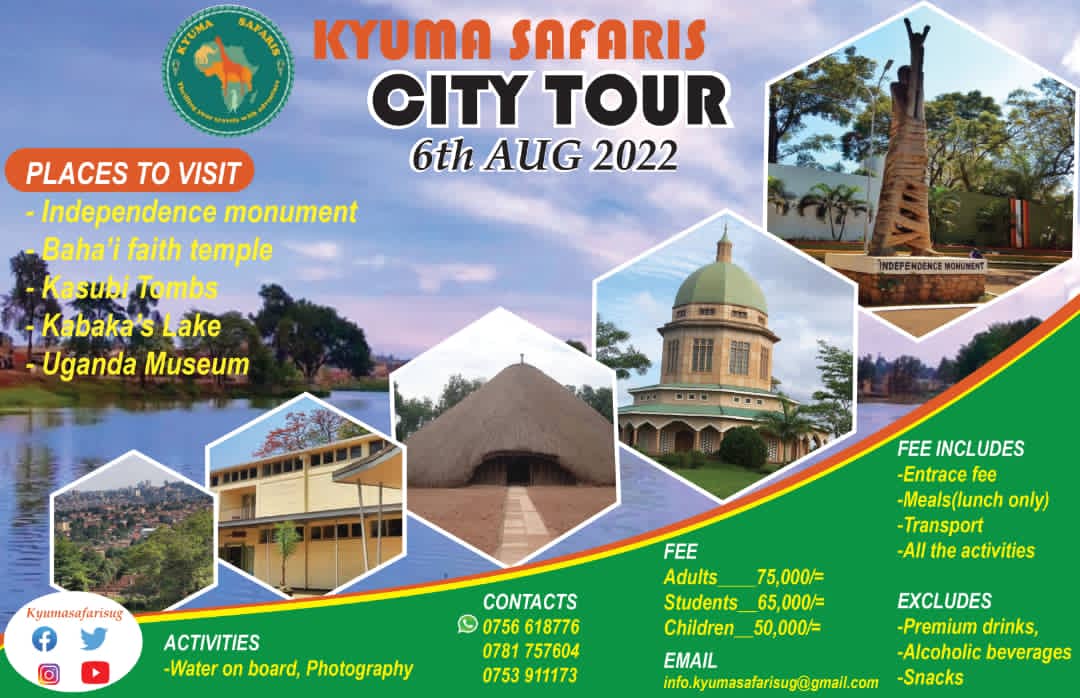 Explore Kampala in one day with #kyumasafarisug. Get a chance to visit all the historical places like Kasubi tombs, Kabaka's lake, Bahi temple, among other beautiful places. All payments: On the poster below. Installments are allowed.Set off station: Kampala city Square at 8:30am