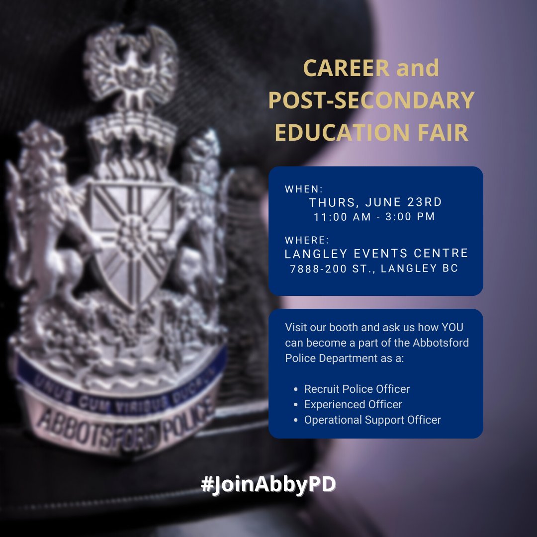 AbbyPoliceDept's tweet photo. The AbbyPD will be at the Langley Events Centre for the career and post-secondary education fair in two weeks. Come ask us how YOU can be a part of the team. We will see you there!
#JoinAbbyPD #AbbyPDRecruiting #WeAreHiring #RecruitPoliceOfficers #ExperiencedOfficers https://t.co/zXUWFWyvW6