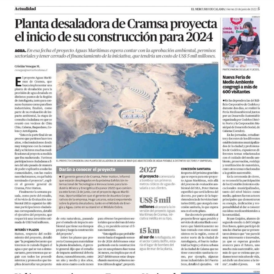 Cramsa_CL's tweet photo. Nuestro proyecto de #desalinización “Aguas Marítimas”, permitirá ampliar la matriz hídrica en la #RegiónDeAntofagasta, una acción concreta frente a la escasez hídrica.
👉🏼📰Te invitamos a revisar la siguiente nota para conocer más de esta iniciativa:
https://t.co/S0vLxktUuU https://t.co/jGOPdqXtVm