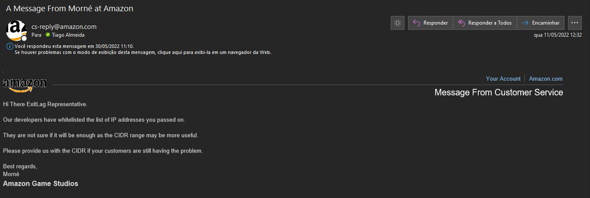 To attest the veracity of this information, please check the message sent officially by Amazon:

Note that the support agents already established that ExitLag is whitelisted and good to go. 3/3