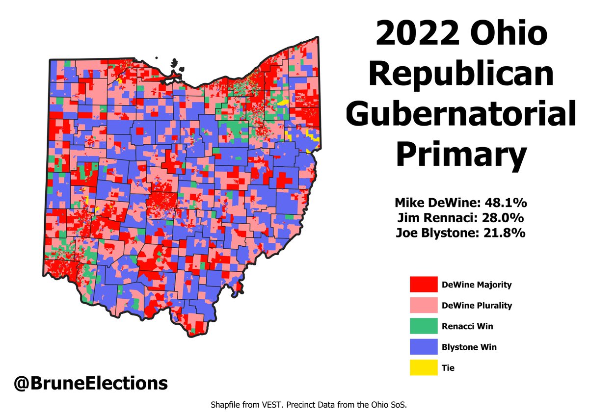 BruneElections's tweet image. The Ohio Secretary of State has finally provided precinct results for the May primary. Here's a map of the gubernatorial primary, where Mike DeWine was held below a majority.