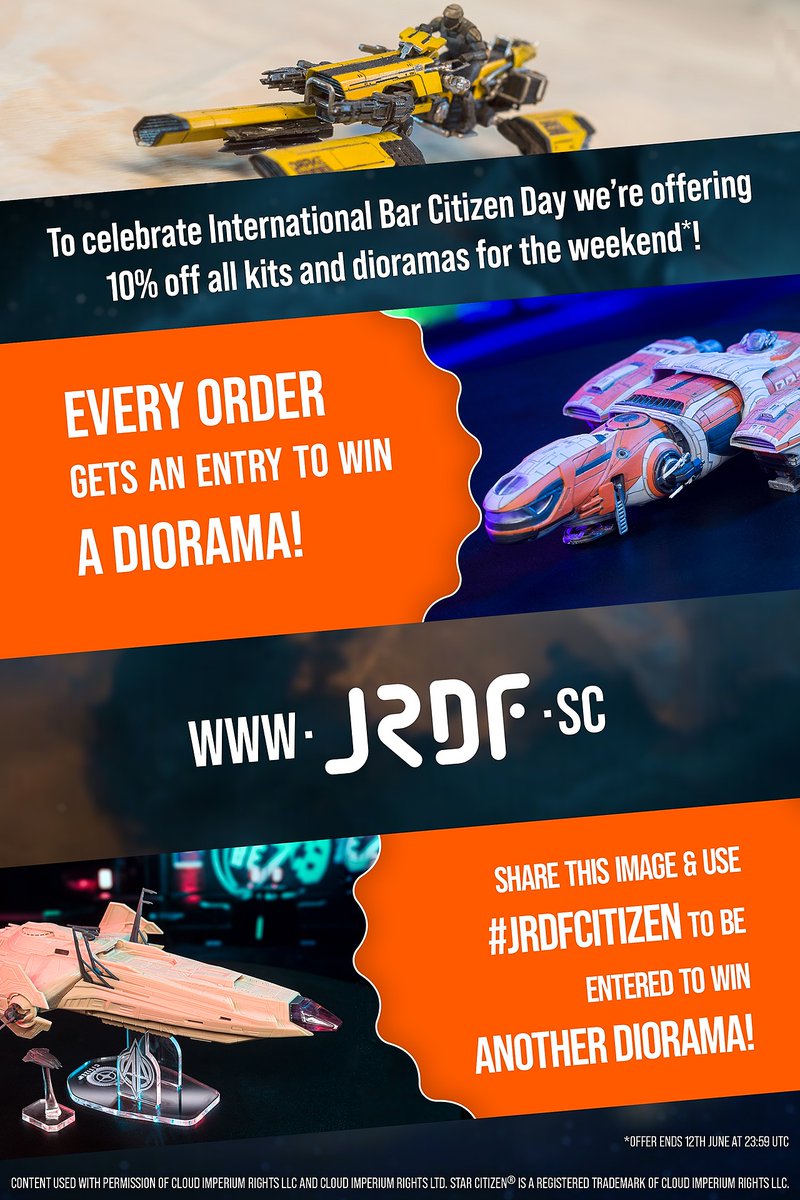 To celebrate both First Contact and Bar Citizen day, we are launching a sale on every product site-wide and not ONE, but TWO giveaways!

#StarCitizen #KitModel #Diorama #BarCitizen #JRDFcitizen

jrdf.sc