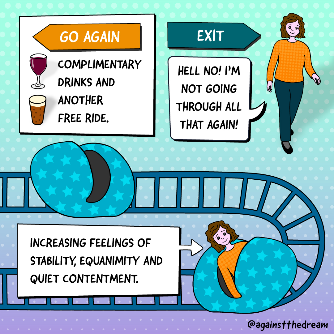 If I'm ever tempted to have a 'glass' of wine, I play forward the dreadful rollercoaster ride I'd be climbing back onto. Ugh! No thanks! I hope you all can find your exit too.
#recoveryposse #sober #sobriety #earlysobriety #recovery #Rollercoaster