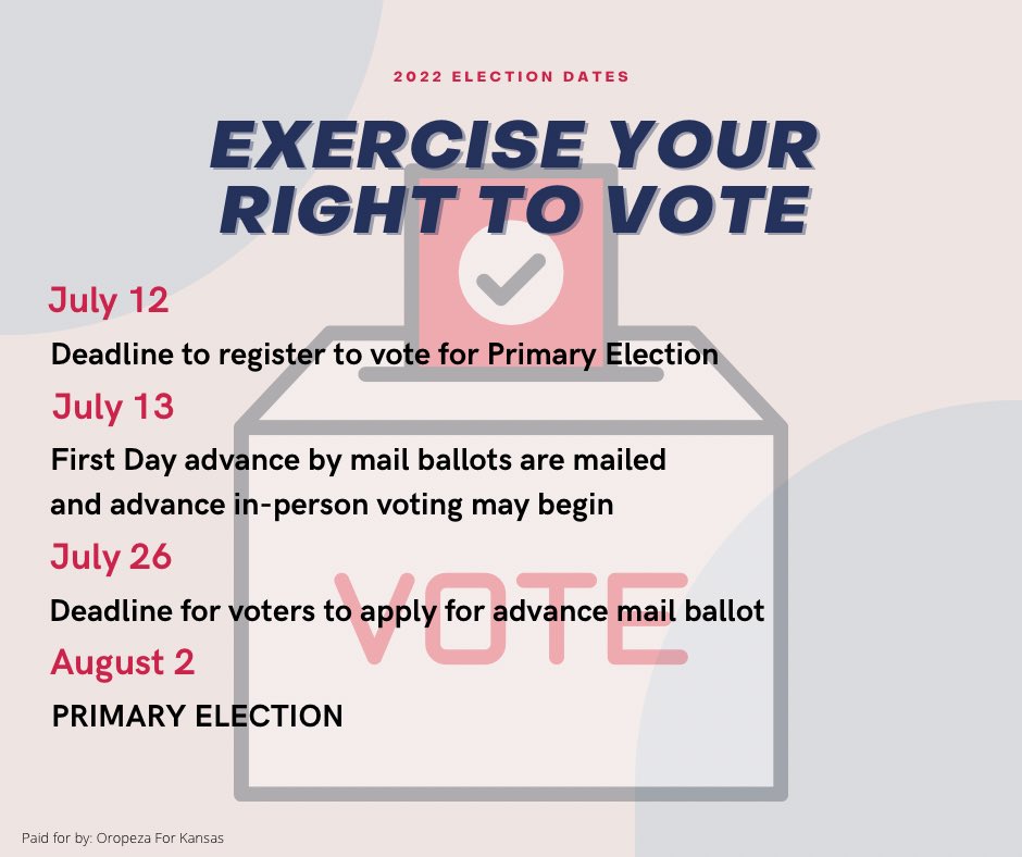 Dr. Melissa Oropeza (@oropeza4kansas) on Twitter photo Important dates to add to your calendar for the election in Wyandotte County, KS. Important dates to add to your calendar for the election in Wyandotte County, KS.