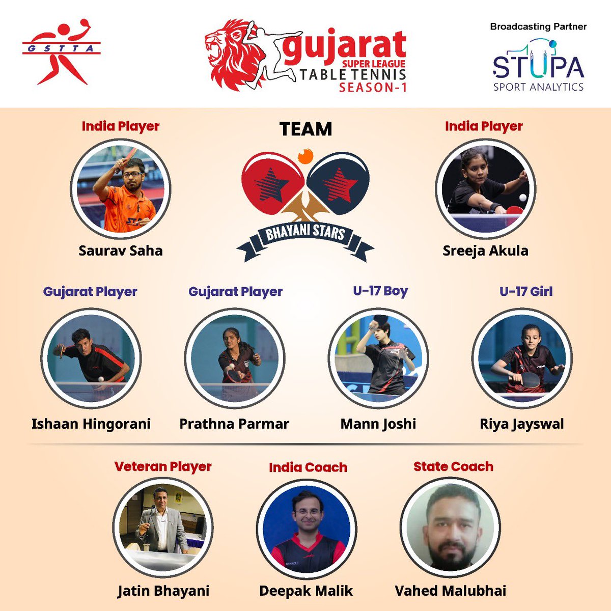 The Bhayani star studded team is here to spread its shine and create an awe for every spectator with its strong players.
#StayTuned #GSLTT #ComingSoon #TableTennis #GujaratSports #League #TeamPlayers #BhayaniStars #nationalplayers #Gujaratplayers
