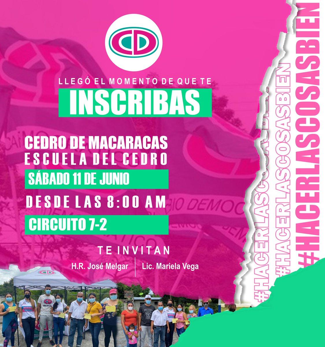Llego el Momento de que seas Parte de familia <a href="/CaDemocratico/">Cambio Democrático</a>. Corregimiemto del Cedro de Macaracas
Mañana 11 de junio 
<a href="/MarielaVega2014/">Mariela Vega</a> <a href="/romuloroux/">Rómulo Roux</a> <a href="/EmpresarialCD/">Secretaría Empresarial CD</a> <a href="/OrganizacionCD/">Secretaria Nacional de Organización CD</a>  #Hacerlascosasbien