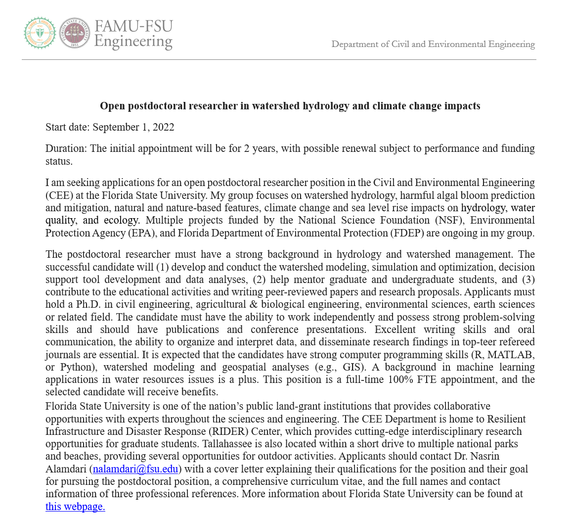 NasrinAlamdari's tweet photo. I'm looking for a #postdoc in my lab in watershed hydrology and climate change impacts.
Applicants should contact Dr. Nasrin Alamdari (nalamdari@fsu.edu) with a cover letter, a curriculum vitae, and the contact information of three professional references. https://t.co/U5Q3vLhzYN