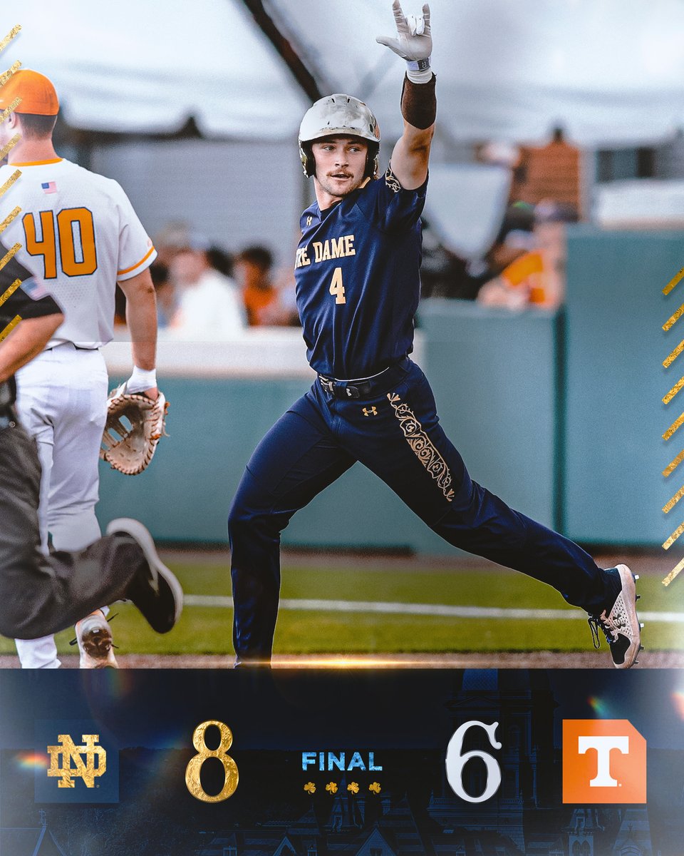 FINAL: Notre Dame 8, No. 1 Tennessee 6

The Irish slugged 4 home runs in the win!!!!! 

#GoIrish x #RoadToOmaha