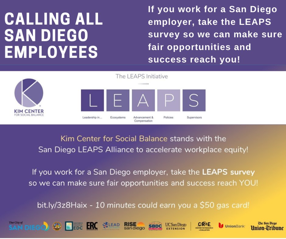 Workplace equity/what are we waiting for? Help make sure fair opportunities and pay reach YOU!
If u work 4 a San Diego employer, take the anonymous 10-minute survey here: bit.ly/3z8Haix
10 minutes might get you a $50 gas card!
#inclusiveSD
