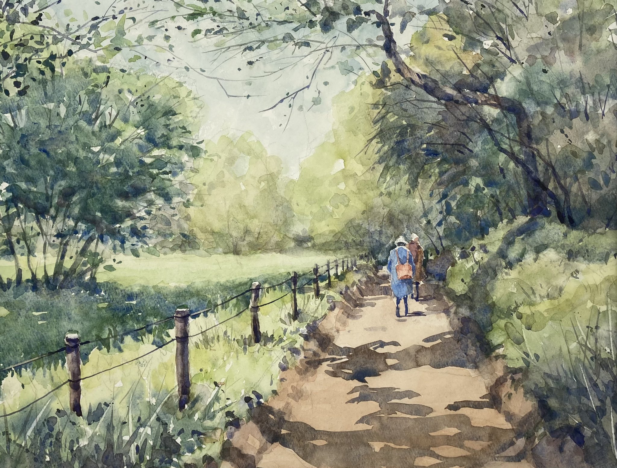 絵画「杉木立を抜けて日差しの中へ」　水彩画 絵画「杉木立を抜けて日差しの中へ」水彩画