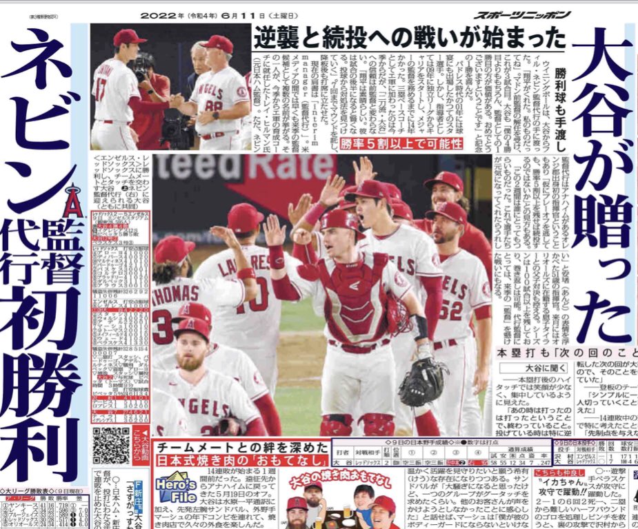 sponichi_yanagi's tweet photo. 6月11日付 #スポニチ（東京最終版）MLB面は #エンゼルス #大谷翔平 選手で3枚展開です‼️絆を深めた焼き肉会の裏側も紹介しています🥩是非手に取ってご覧頂ければ幸いです⚾️🇺🇸 #bondingexperience #GoHalos #shoheiohtani #angels @Angels @LAAngelsPR https://t.co/pTDkuPew1B