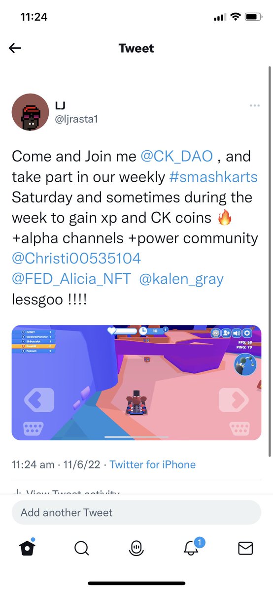 ljrasta1's tweet image. Come and Join me @CK_DAO , and take part in our weekly #smashkarts Saturday and sometimes during the week to gain xp and CK coins 🔥 +alpha channels +power community #alphachannels #community #cryptokidsDAO  @Christi00535104 @FED_Alicia_NFT  @kalen_gray