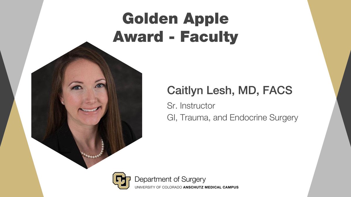 CUDeptSurg's tweet photo. #Congratulations, Caitlin Lesh, MD, FACS!

Golden Apple Award - Faculty
#ImproveEveryLife | @cugites https://t.co/2dZmzbKSF6