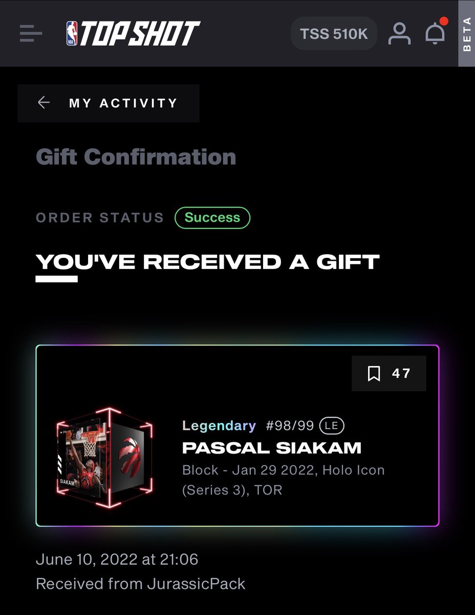 Shout out to <a href="/RichDMC/">RichDMC</a> and the <a href="/TheJurassicPack/">Jurassic Pack 🦖</a> crew for the awesome TS moment. Grand prize winner on the <a href="/Raptors/">Toronto Raptors</a> @nbatopshot discord channel. Never felt luckier. 🍀 
#NBATopShotThis