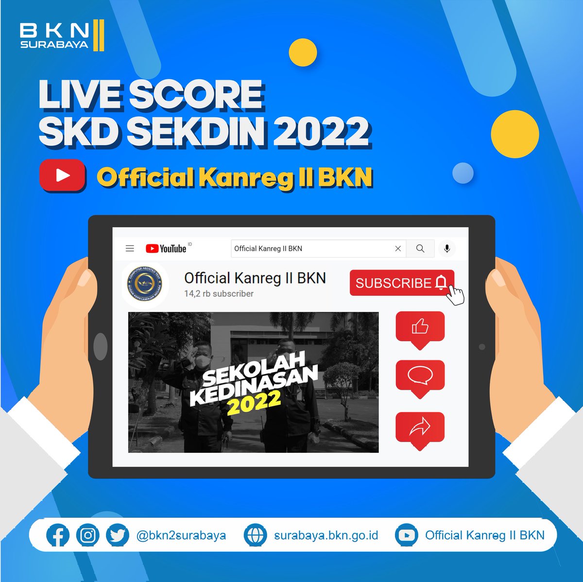 bkn2surabaya's tweet photo. #SobatBKN pantau terus live score SKD Sekolah Kedinasan 2022 di Youtube: Official Kanreg II BKN
πππ
https://t.co/MYUZbp19U9
Dan jangan lupa like, comment, share, dan subscribe yooo rek π
#Sekdin2022 #SekolahKedinasan #CATBKN https://t.co/gKbnZtr7RB