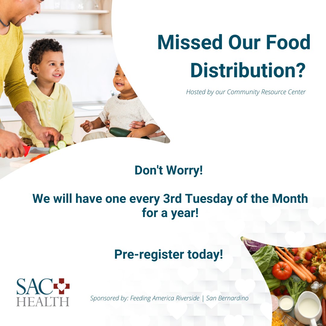 sachealthdotorg's tweet photo. Register for our monthly food distribution for you and your family! Pre-register and choose a date here: https://t.co/J2uKwkitha
#community #caringisourcalling #sachealth #sanbernardinocounty #riversidecounty https://t.co/XN0kY9dTja