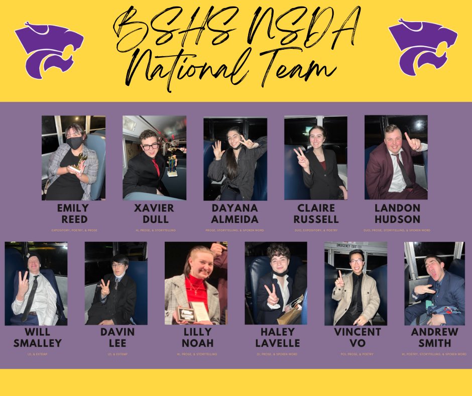 bshsnsda's tweet photo. Our team will be on our way to #Nats22 tomorrow morning!! 💜💛Please wish safe travels and good luck to these amazing competitors. 
•
This team has been working so hard this year for this very moment. Let’s go do this, WILDCATS! 🏆🥇

@speechanddebate @WildcatsBSHS https://t.co/XTJftxFbxx
