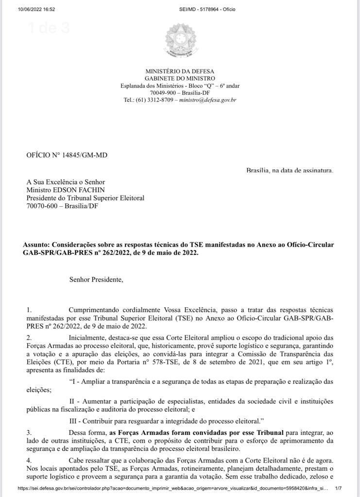 eixopolitico's tweet photo. 🇧🇷 ATENÇÃO: Ministro da Defesa envia ofício ao presidente do TSE dizendo que “as Forças Armadas não se sentem devidamente prestigiadas” pelo órgão e cobra auditoria e testes nas urnas

“A todos nós não interessa concluir o pleito eleitoral
sob a sombra da desconfiança”, concluiu https://t.co/MArngaX3G9