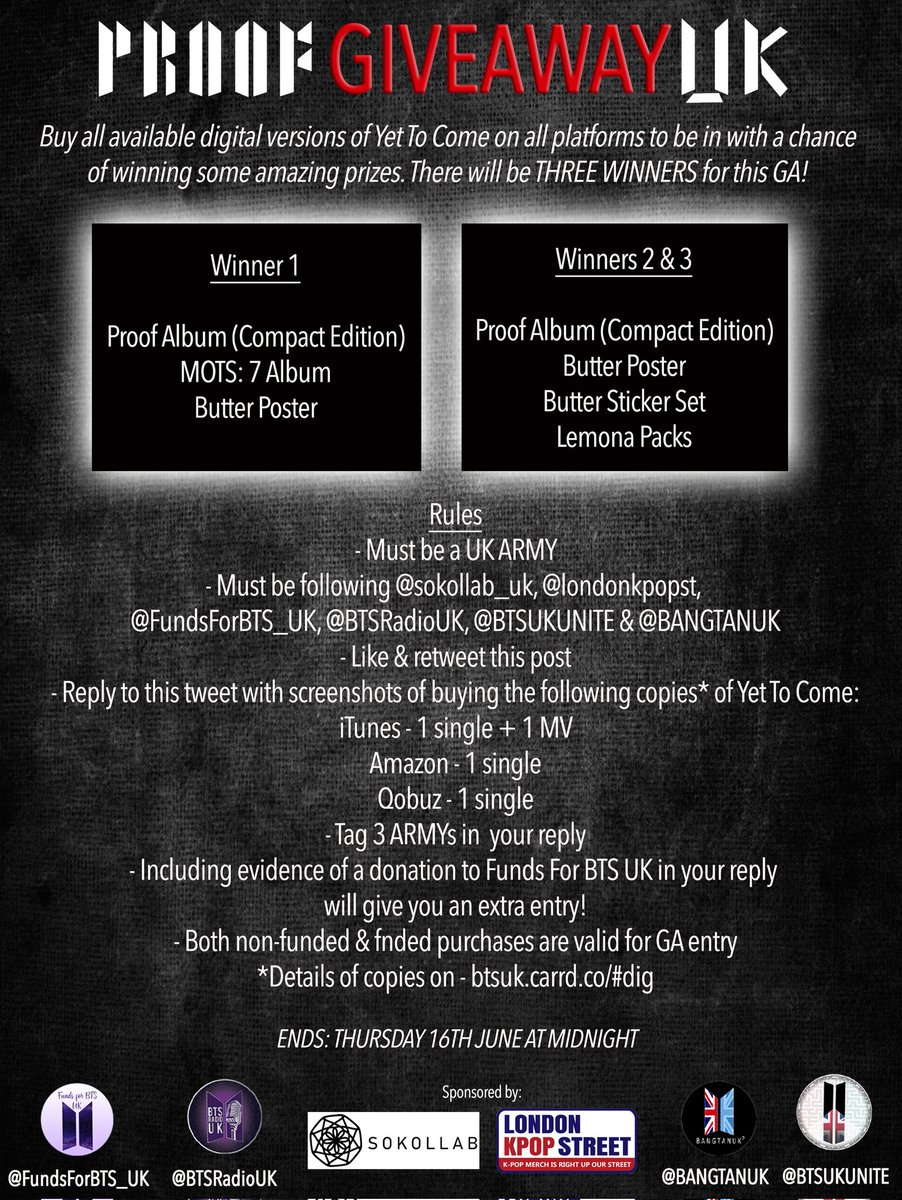 BTSUKUNITE's tweet photo. ๐ฌ๐ง #ProofGiveawayUK ๐ฌ๐ง
To celebrate the release of #BTS_Proof, we're holding a GIVEAWAY, sponsored by @sokollab_uk & @londonkpopst!
Buy 'Yet To Come' on ALL platforms AND follow all the rules below!
Good luck! ๐ https://t.co/hmuBxmdAZP