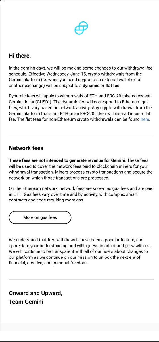 Gemini to start collecting gas fees on ETH withdrawal starting June 15th