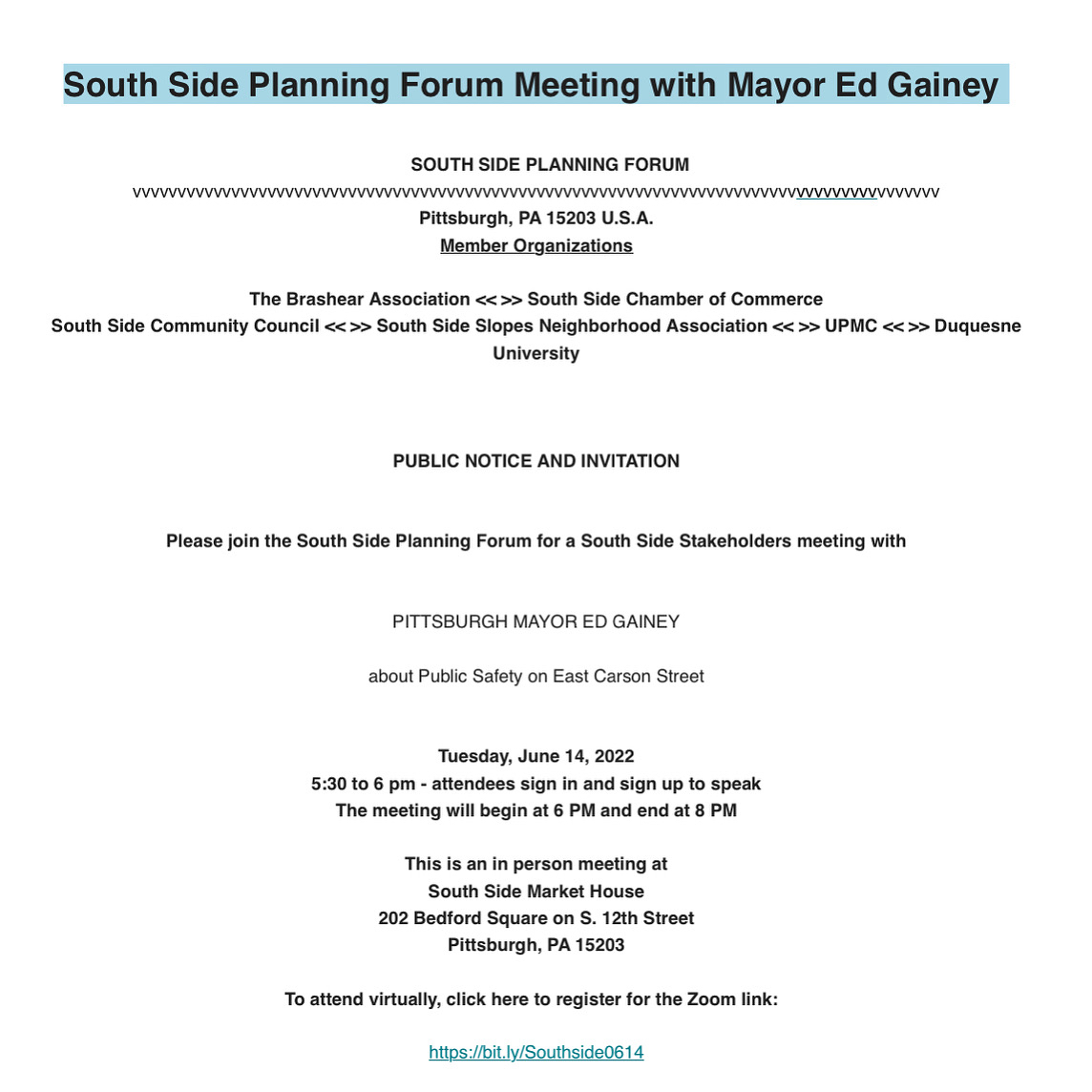 To attend virtually, click here to register for the Zoom link:  

buff.ly/3MFr9nh
 
To attend in person, please RSVP to the
South Side Chamber of Commerce at info@southsidechamber.org
or call 412-431-3360.