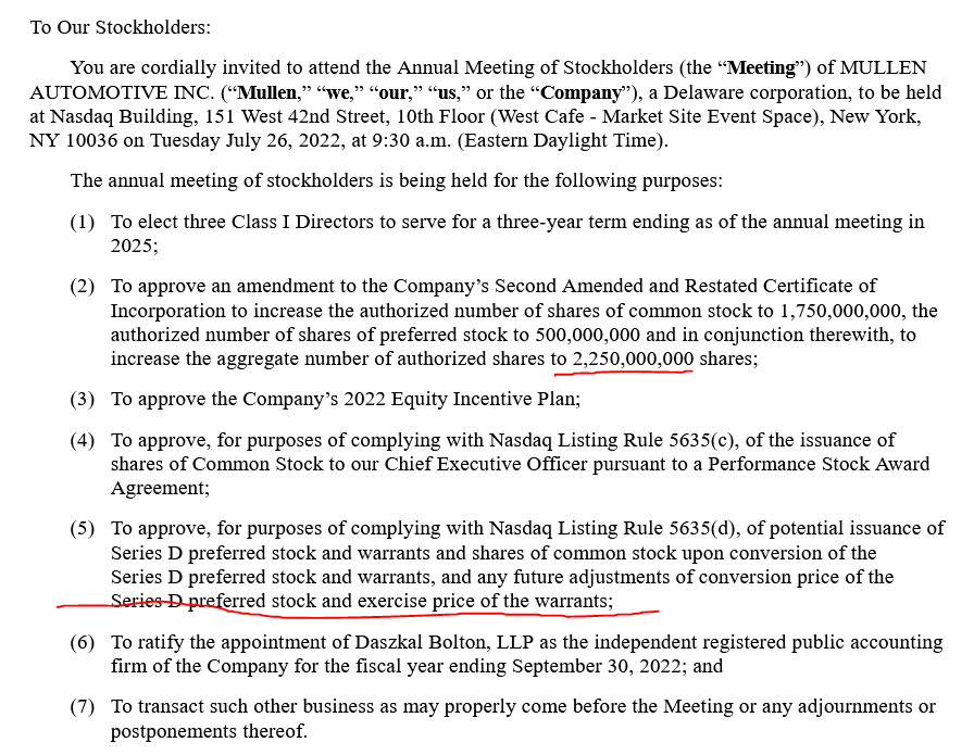 DilutionTracker's tweet photo. $MULN planning to reload on more cashless warrants and preferreds.

Latest 8-k shows potential issuance once shareholders approve. 

Preliminary proxy out for vote on increasing authorized to 2.25B shs and approval of stock issuance above exchange cap.

#fridayfilingdump https://t.co/zgGwQm3x3u
