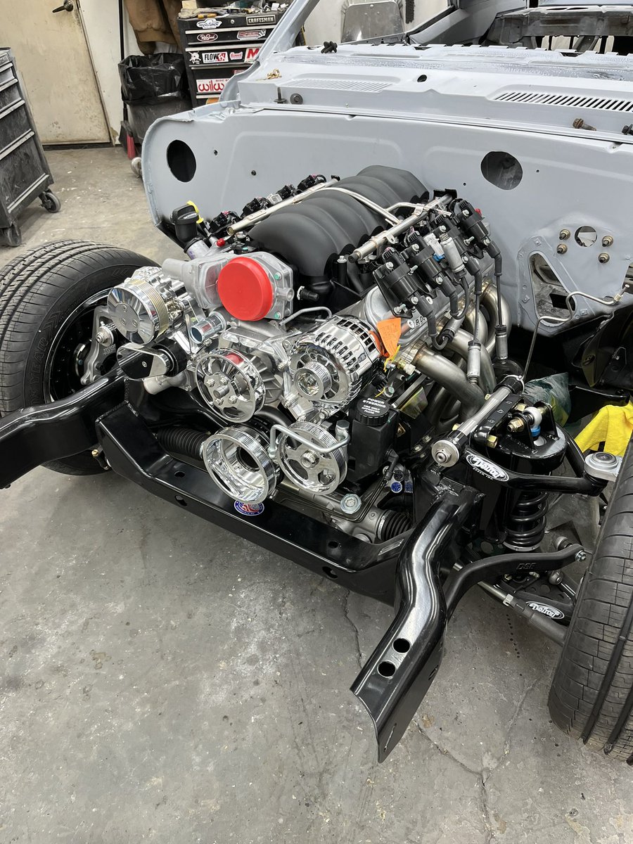 Fit check on the RW ‘68 Camaro LS3. Balancing act between the firewall and the subframe, but ICT Billet adjustable mounts did the trick.  
Now to squeeze that 4L70 down the tunnel…