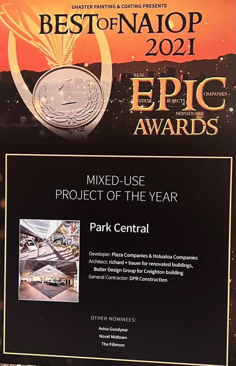 StevenBetts's tweet image. So thrilled that our Park Central Project won Mixed Use Project of the Year at last nite’s NAIOP Awards event!!! A wonderful public-private partnership with our City, and Holualoa and Plaza, years in the making.