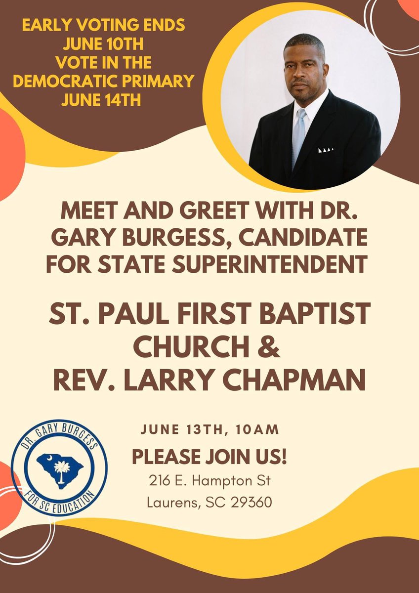 BforSCEd's tweet photo. Join me in Laurens for a meet and greet Monday at 10am – See you soon!  @LCDemParty @GVLDem @gwdcountydems @scdp @BlackWomenSCDP https://t.co/WQljZmdLMm
