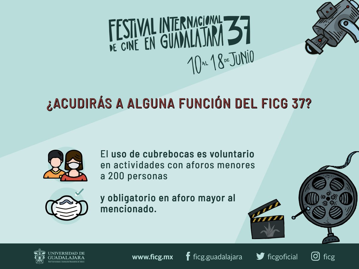 udg_oficial's tweet photo. En el @FICGoficial entre todas y todos nos cuidamos. Recuerda que esta ocasión el uso de cubrebocas solo será obligatorio en aforo mayor de 200 personas.
¿Quieres conocer más sobre el #FE37IVAL? ingresa a https://t.co/jgaKaCiY4j https://t.co/5NGQIJI5Lr