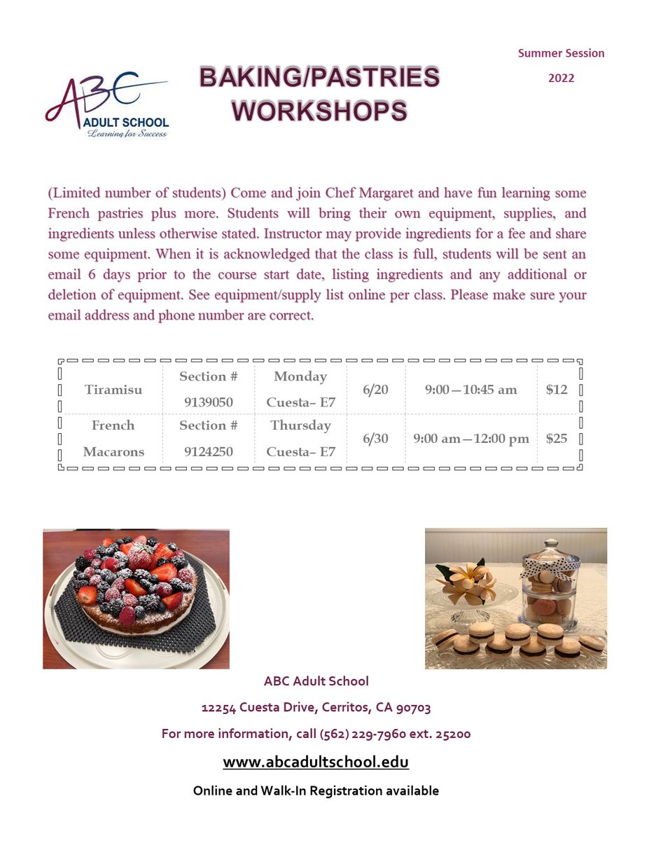 abcadultschool's tweet photo. Baking Workshops for summer!🍰 #baker #baking #cake #tiramisu #frenchmacarons #macarons #bakingworkshop #dessert #desserts https://t.co/19QStXescY