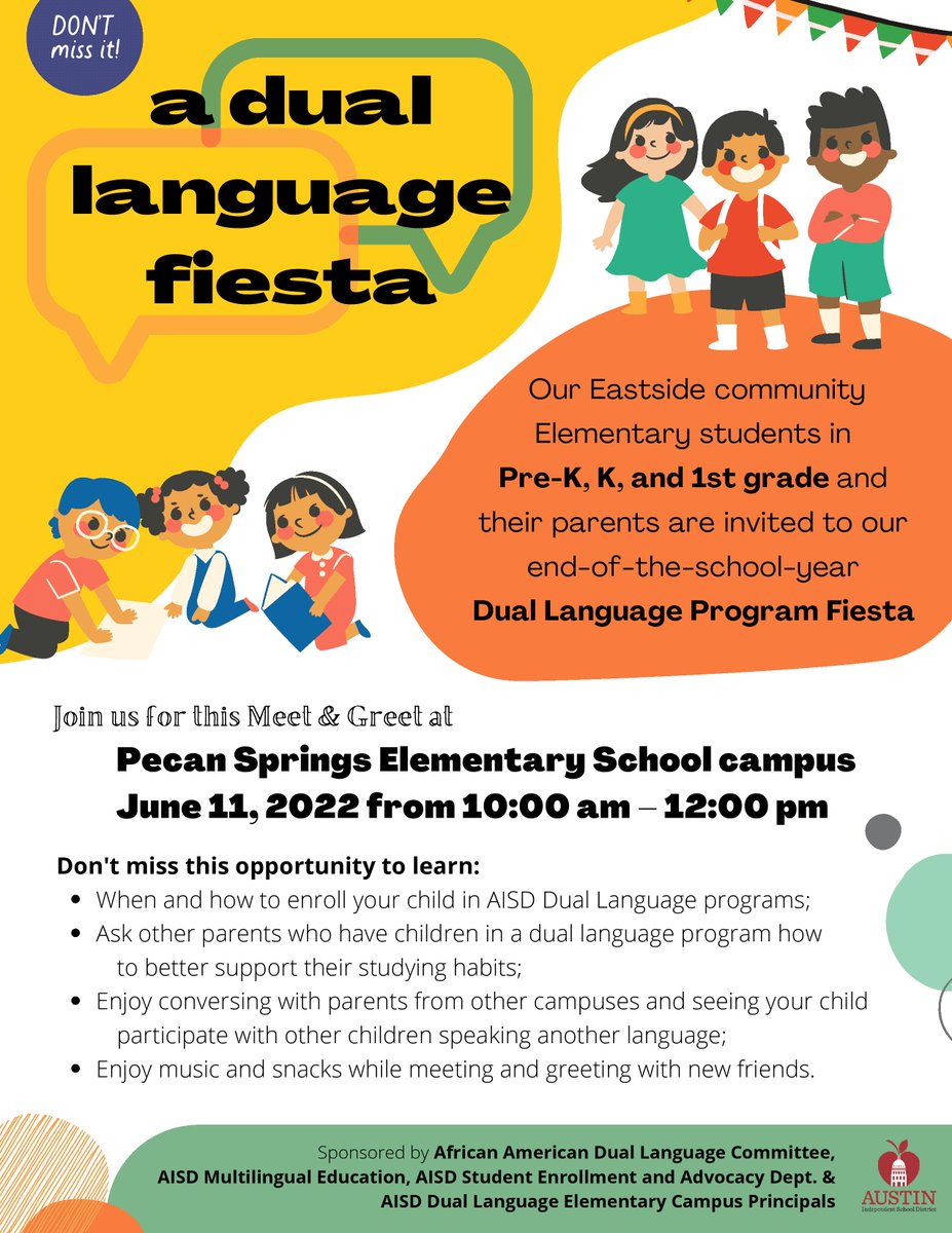 AustinISD's tweet photo. Join us for this Dual Language Program Fiesta Meet &amp; Greet at Pecan Springs Elementary School (3100 Rogge Lane Austin, TX 78723) campus Saturday, June 11 from 10AM-12PM

https://t.co/hgAIkkPxG7

@AISDMultilingue @pecanspringsecp @AISDElementary @AISD_OSL https://t.co/ALK71GrYAc