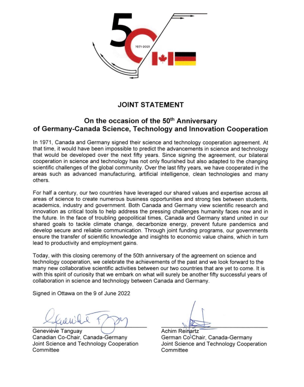 CanadaTrade's tweet photo. 📢Joint statement featuring #CanadaGermany50 cooperation and celebrating our mutual achievements in #ScienceTechInnovation. https://t.co/FsvYGsbBfc