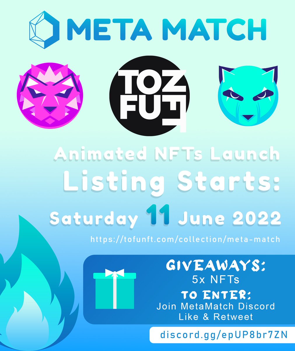 🎉#NFTGiveaway MetaMatch 🌤️🔴✨
Collection of only 255 Characters (Batch1)
Uniquely Animated
MM NFTs will be used in-game to earn.

🎁Prizes:  5 x NFTs

To enter:
1️⃣Follow <a href="/MetaMatchCrypto/">Meta Match</a> ＆ <a href="/tofuNFT/">tofuNFT📛The largest multichain NFT marketplace</a>
2️⃣RT + Like 
3️⃣Join: discord.gg/epUP8br7ZN

⏰4 Days
Let’s go!
#metamatchnft