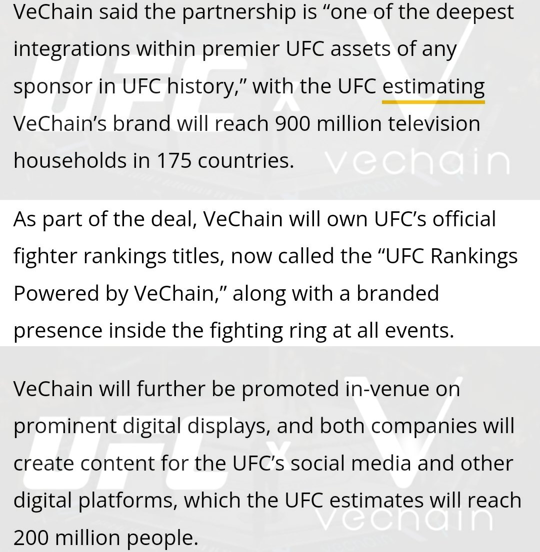 VeChainge's tweet photo. 💥BREAKING NEWS! #VeChain partners with #UFC in a $100M 5yr minimum deal. Read more below. https://t.co/IbkgSzDRSs