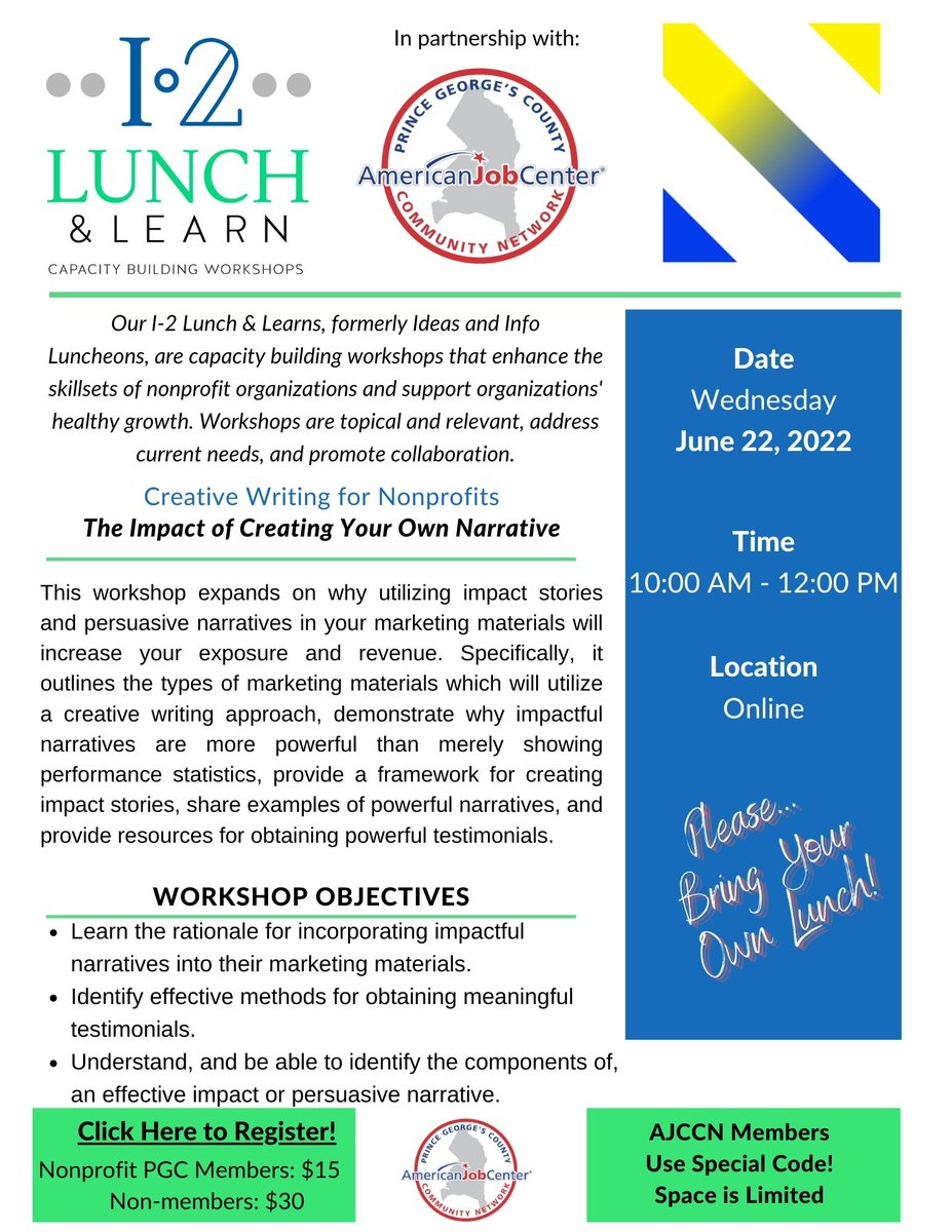 Kat_M_Dormody's tweet photo. I am looking forward to I-2 Lunch &amp; Learn on Creative Writing for Nonprofits with Nonprofit Prince George's County. Read the details and please join us.  A great thank you to Tiffany and Breonna for putting this together. I look forward to seeing you here to support nonprofits. https://t.co/kmL6wJ86qM