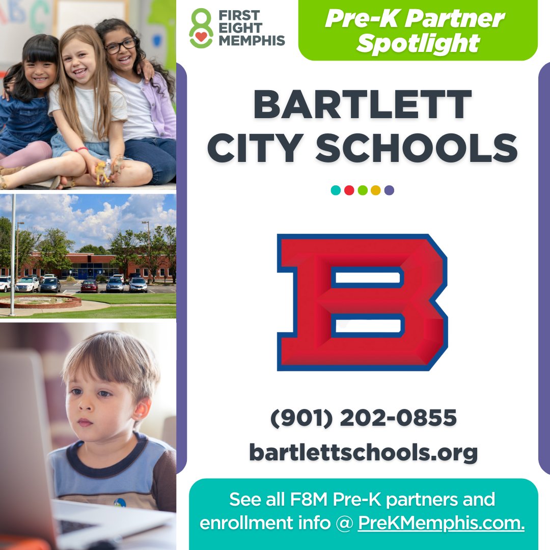 First8Memphis's tweet photo. This week's Pre-K Partner spotlight shines on @BartlettSchools! Learn more about Pre-K at BCS and enroll today at https://t.co/AZ1vmr8FIC.
#PreKMemphis #NoPlaceIdRatherB https://t.co/3aHA6sUG1A
