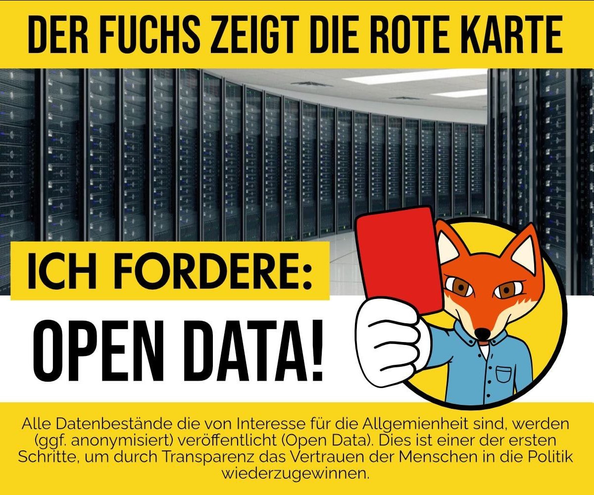 mr_marcus_fuchs's tweet photo. 🟥 Der Fuchs zeigt die rote Karte 🟥
Alle Datenbestände von allgemeinem Interesse werden (ggf. anonymisiert) veröffentlicht. Wichtiger Schritt, um Vertrauen der Menschen in Politik wieder zu gewinnen.
Ich fordere: Open Data❗️
#MF197 #OBFuchs
🖤💛 Dresden zeigt Größe. 🖤💛 https://t.co/R1nagq8rqC