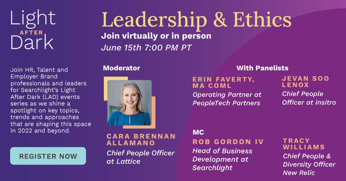 Lattice's new Chief People Officer Cara Brennan Allamano is moderating Searchlight's #LightAfterDark event about leadership & ethics on June 15th! Want to meet her and HR leaders from @PeopleTechPTP, @insitro, and @newrelic? Save your spot here: bit.ly/3MCvOGq